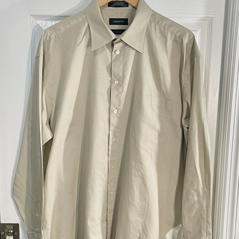 MENS LIZ CLAIBORNE BUTTON DOWN T-WEAVE SHIRT LONG SLEEVE BEIGE, SIZE XL 17 34-35